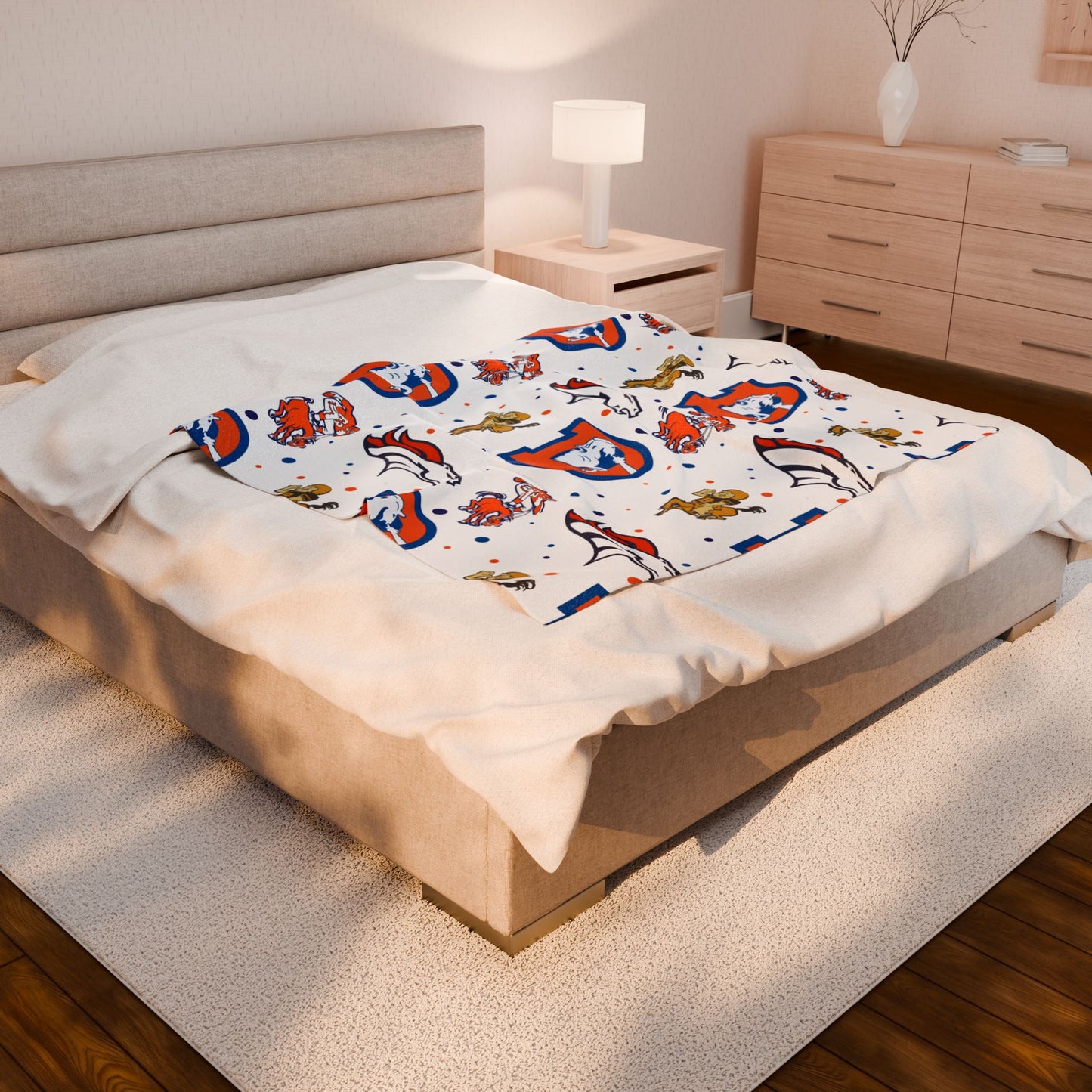Bronco Logo Velveteen Plush Blanket, Denver Broncos Fan Gift, Soft Fleece Throw, NFL Team Bedding, Sports Decor, Cozy Couch Cover