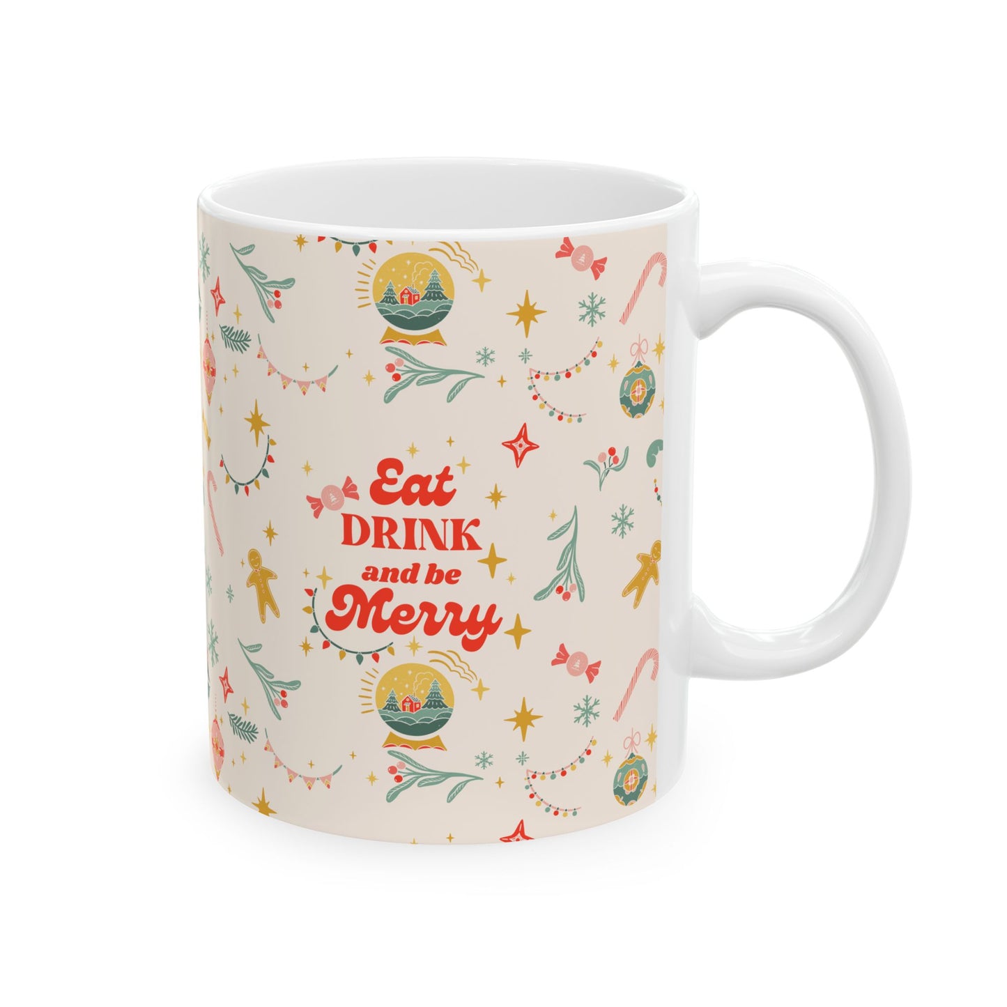 Christmas Ceramic Mug, Eat Drink Be Merry Holiday Hot Cocoa Cup, Xmas Coffee Mug, Festive Tea Mug, Gift for Family Friends, Seasonal Winter