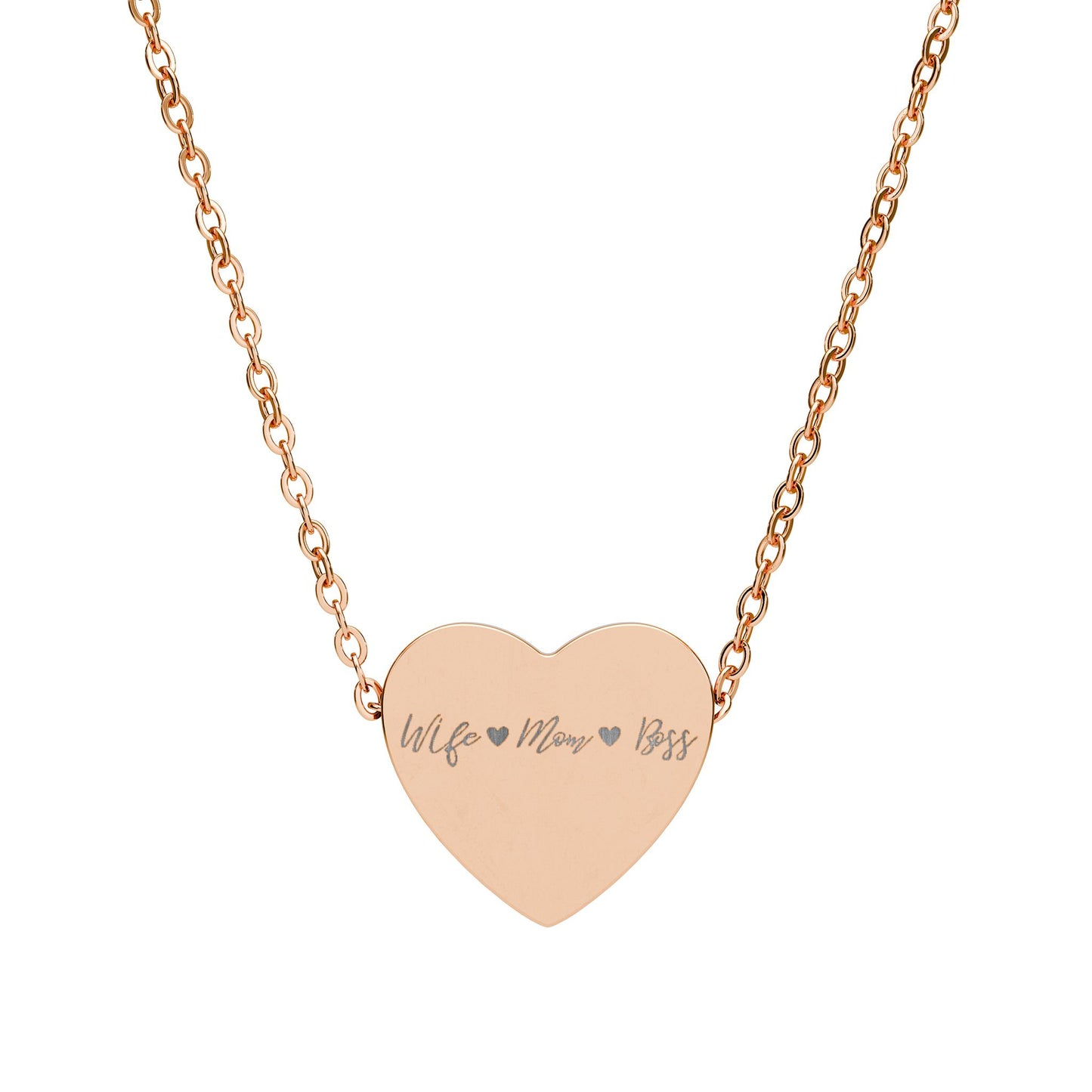 Wife Mom Boss Heart Necklace, Engraved Heart Pendant