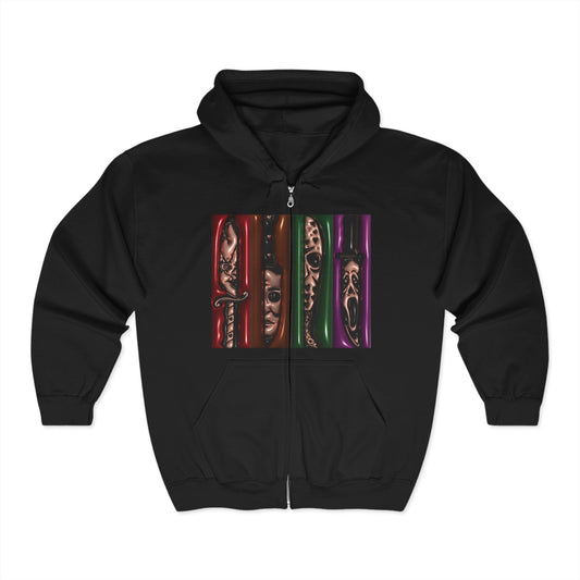 Horror Movie King Zipper Hoodie Sweatshirt, Scary Film Fan Gift, Halloween Zip Up Jacket, Cinematic Monster Outerwear, Spooky Movie Buff
