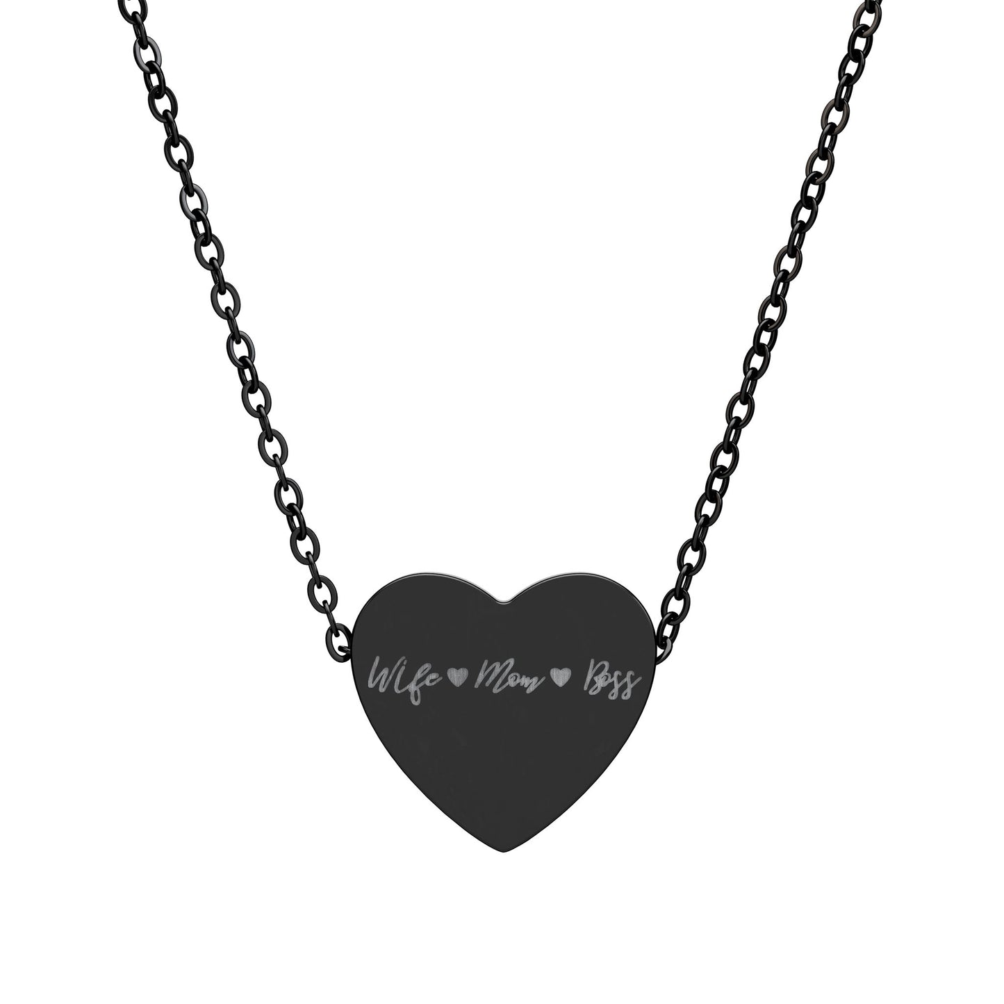 Wife Mom Boss Heart Necklace, Engraved Heart Pendant