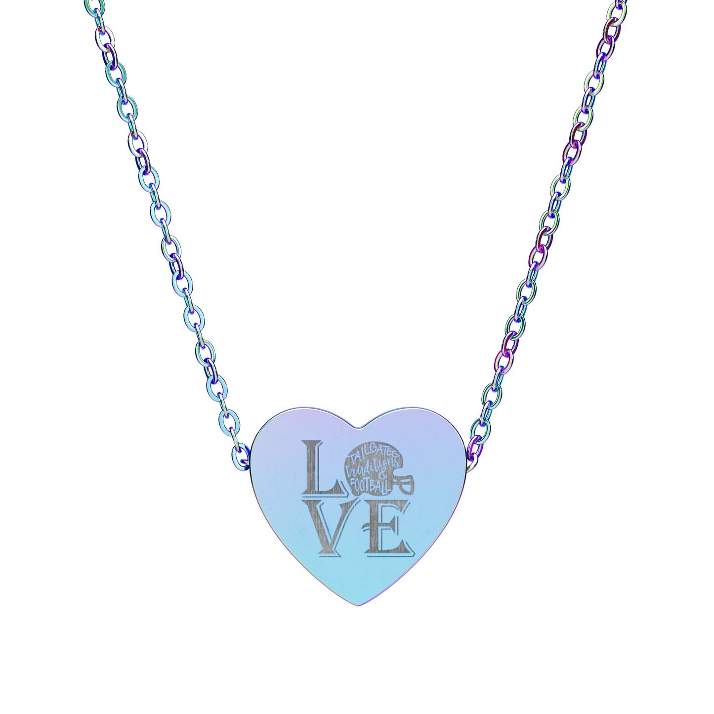 Love Tailgates Traditions, and Football engraving Heart Necklace