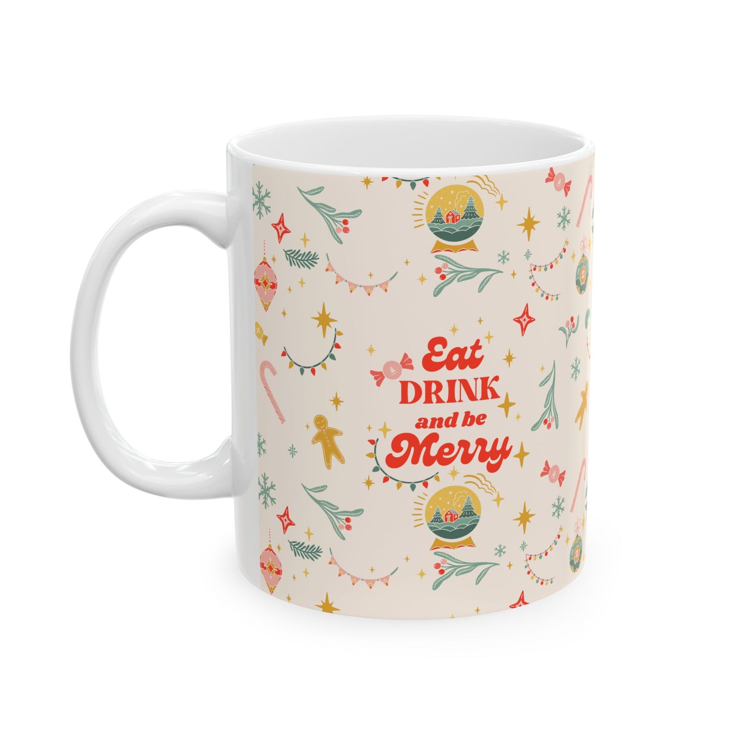 Christmas Ceramic Mug, Eat Drink Be Merry Holiday Hot Cocoa Cup, Xmas Coffee Mug, Festive Tea Mug, Gift for Family Friends, Seasonal Winter