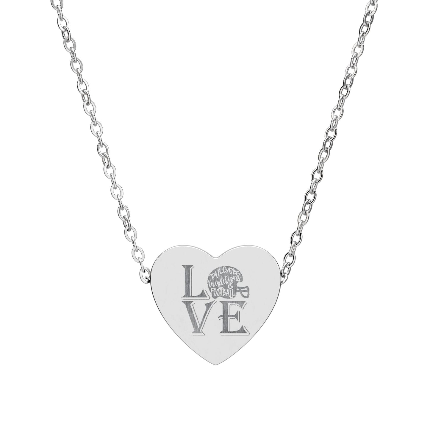 Love Tailgates Traditions, and Football engraving Heart Necklace