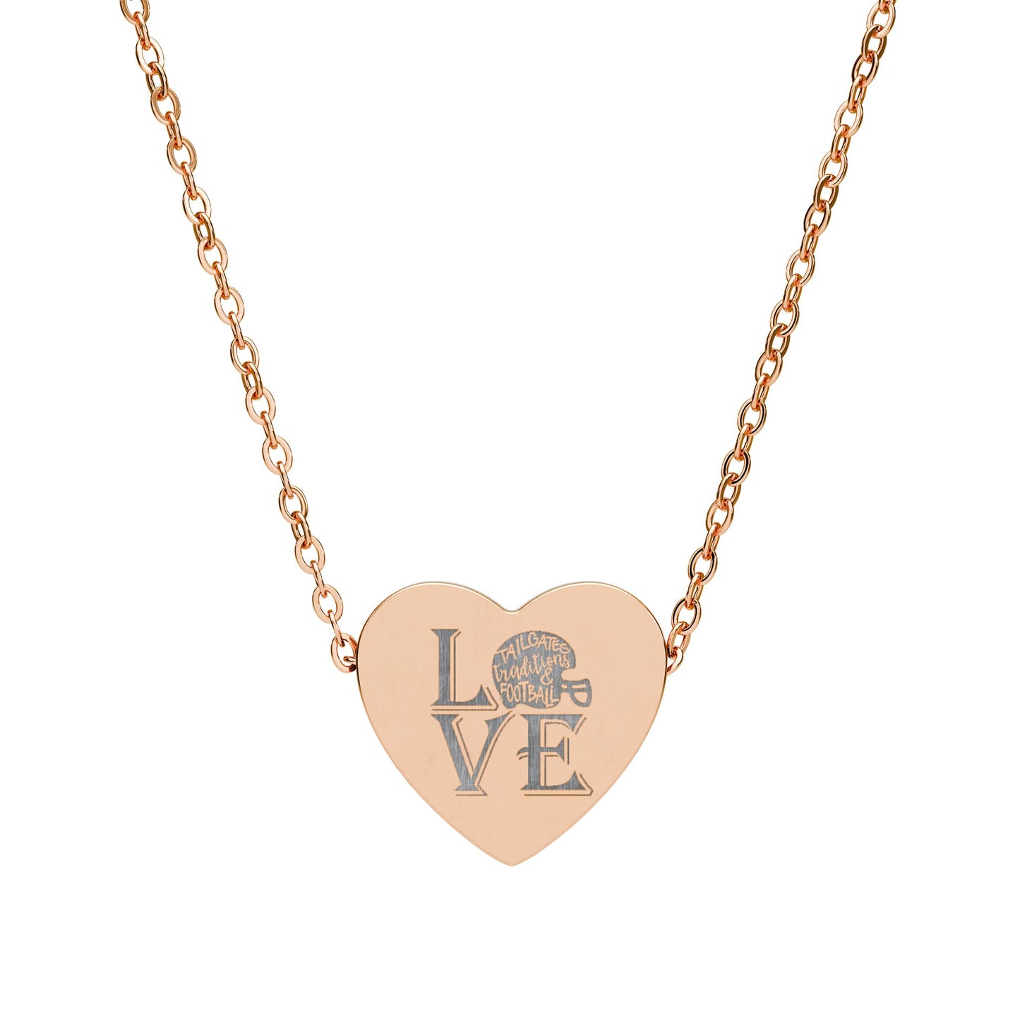 Love Tailgates Traditions, and Football engraving Heart Necklace