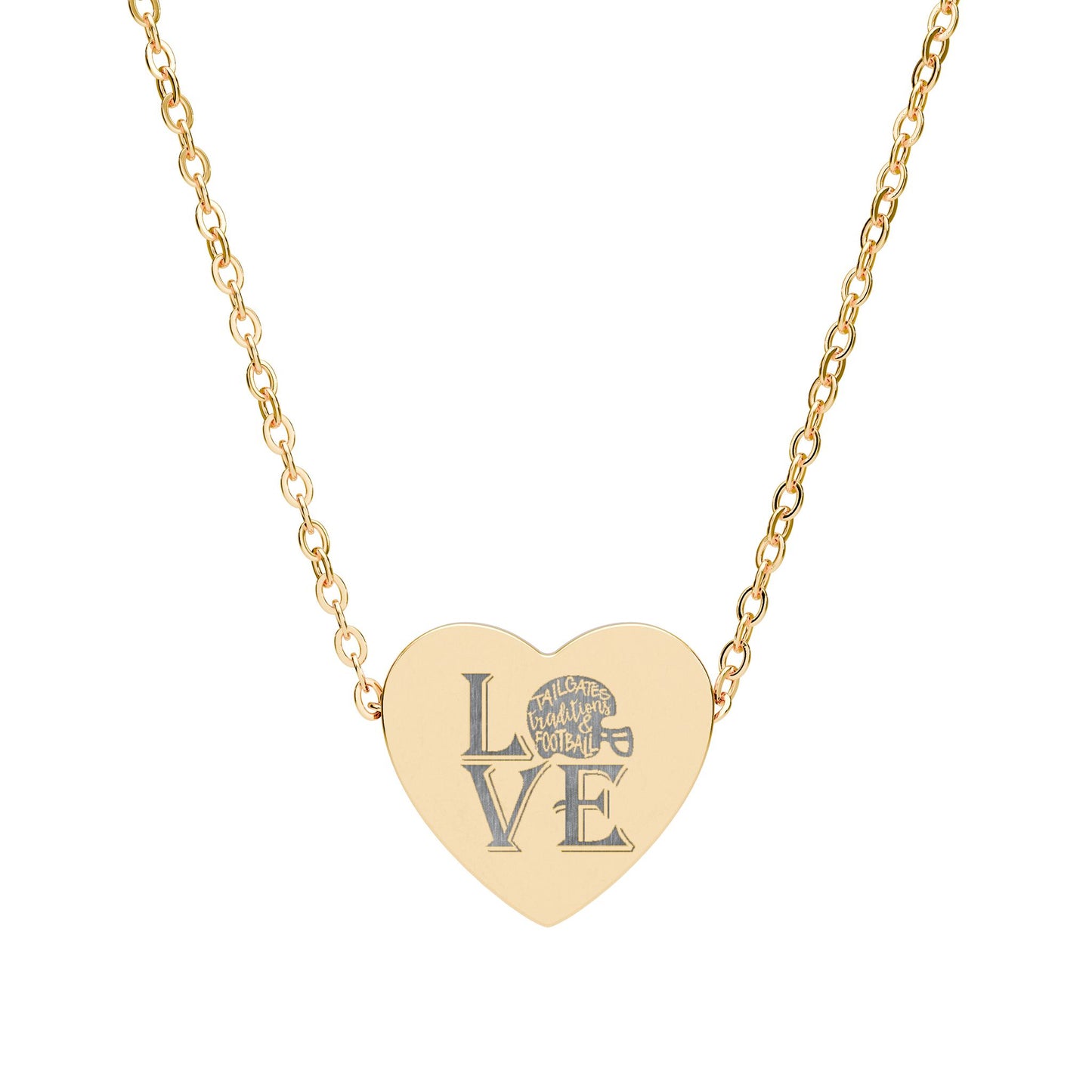 Love Tailgates Traditions, and Football engraving Heart Necklace