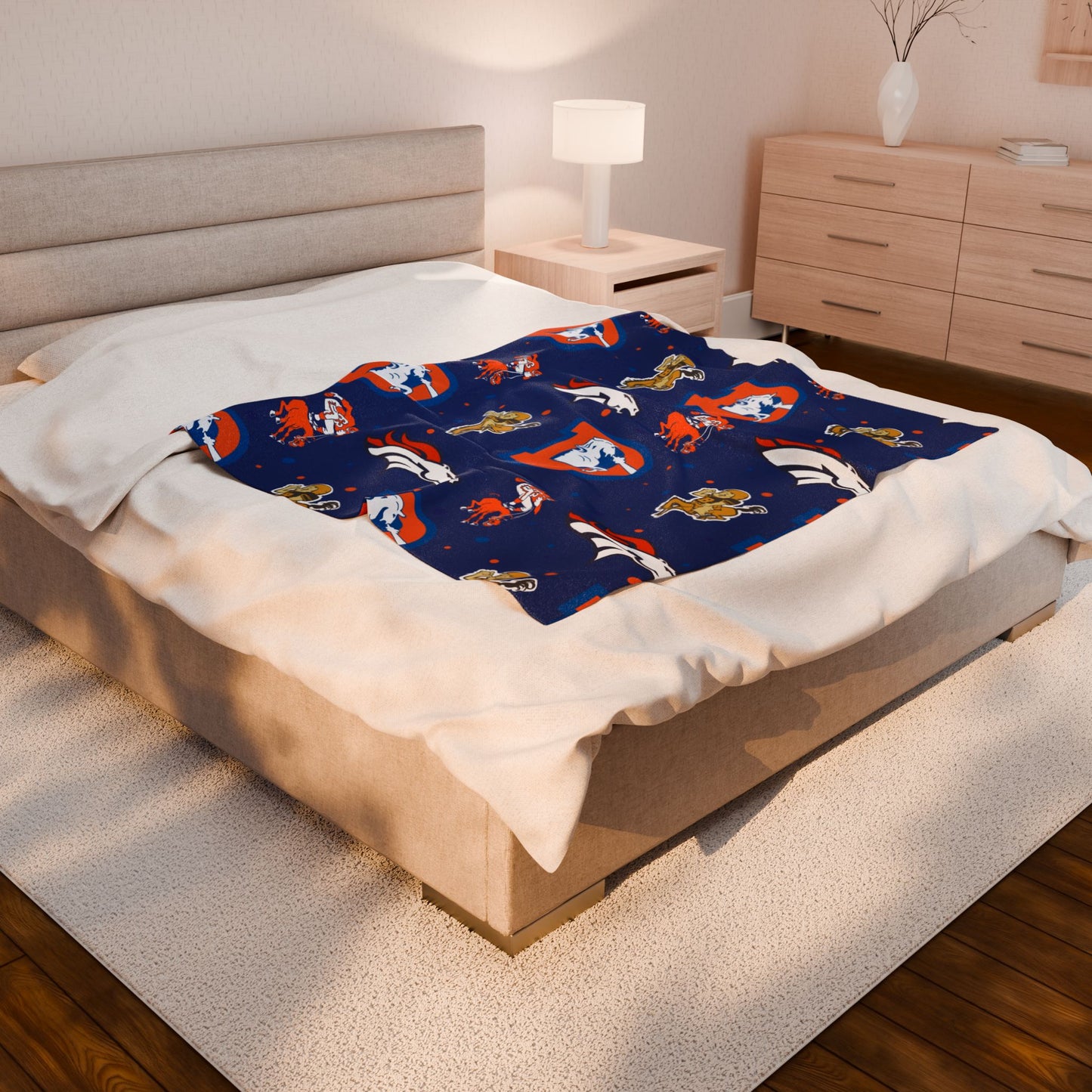 Bronco Logo Velveteen Plush Blanket, Denver Broncos Fan Gift, Soft Fleece Throw, NFL Team Bedding, Sports Decor, Cozy Couch Cover