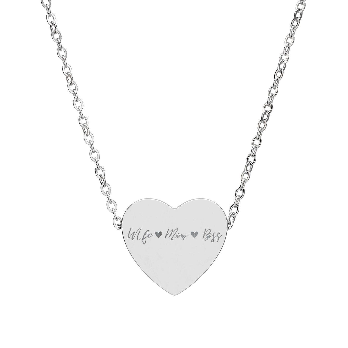 Wife Mom Boss Heart Necklace, Engraved Heart Pendant