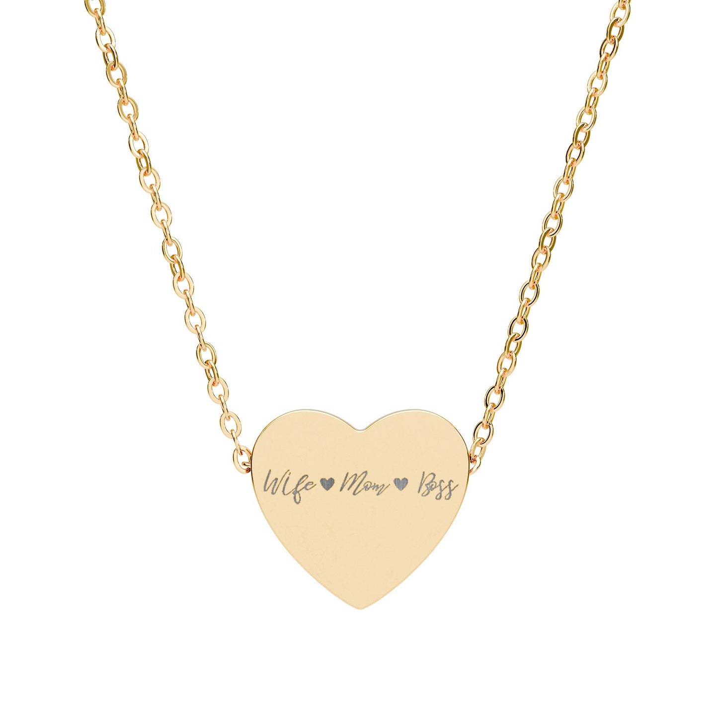 Wife Mom Boss Heart Necklace, Engraved Heart Pendant