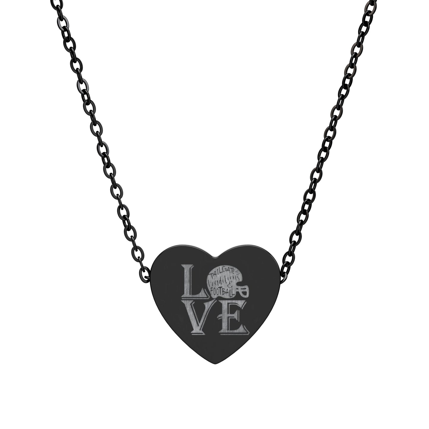 Love Tailgates Traditions, and Football engraving Heart Necklace